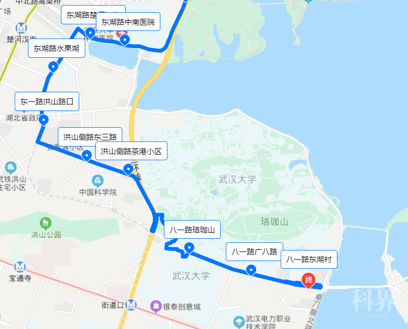 同样经过八一路珞珈山站台的还有552线路,并且这条线路还会经过武汉