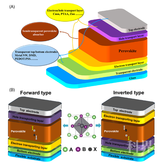 (a)半透明钙钛矿型太阳能电池的器件结构;(b)钙钛矿型太阳能电池的