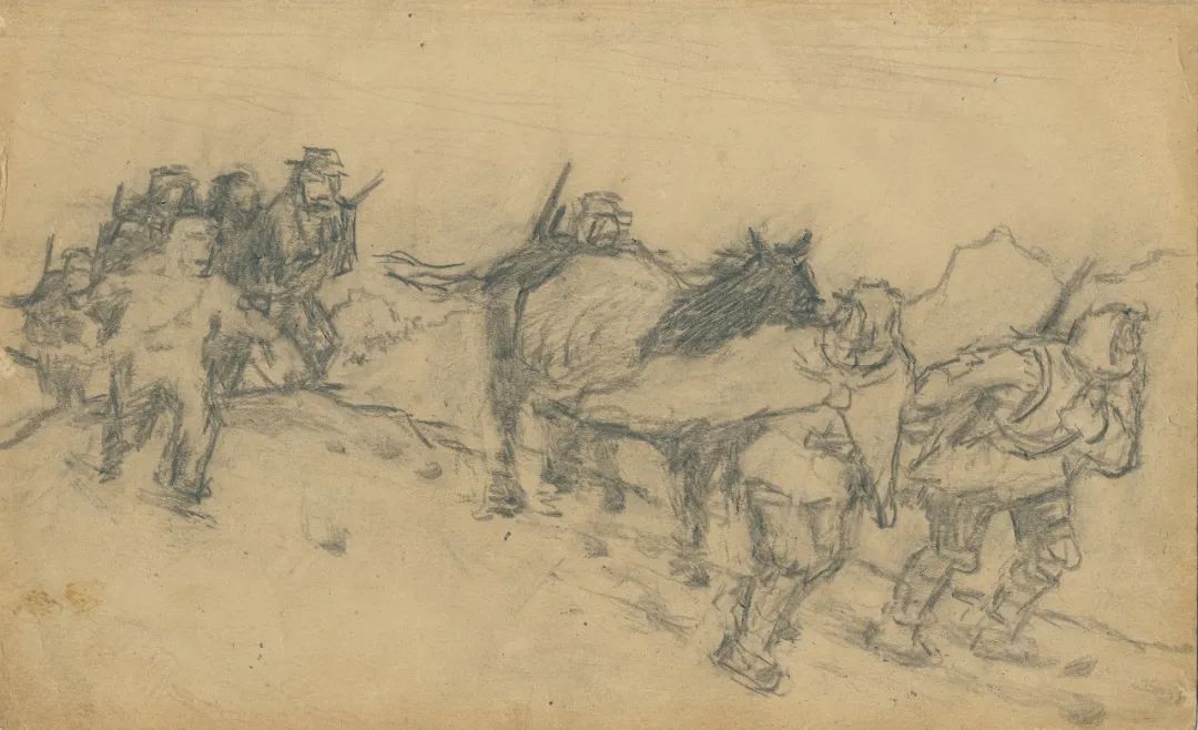 胡一川,《红军过雪山》素描稿 , 1957年,作于广州,纸本铅笔,18cm×29.