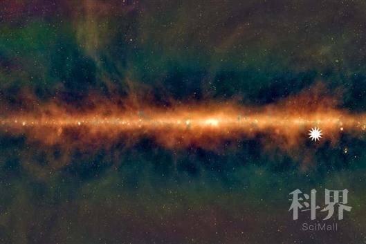 澳大利亚默奇森宽场阵列射电望远镜观测到的银河系，星形图标为神秘脉冲天体的位置。图片来源：Natasha Hurley-Walker