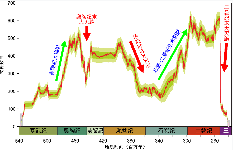 古生代海洋生物多样性曲线与重要演化事件。南京大学供图
